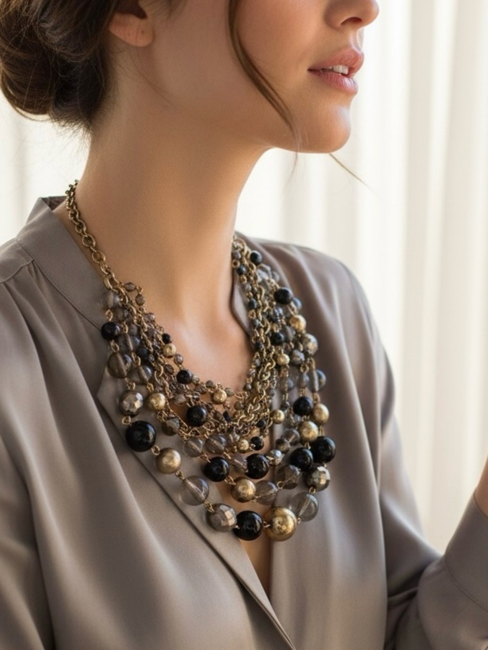 Lia Sophia Signed Necklace Beaded Multi Stands Gold Black Gray